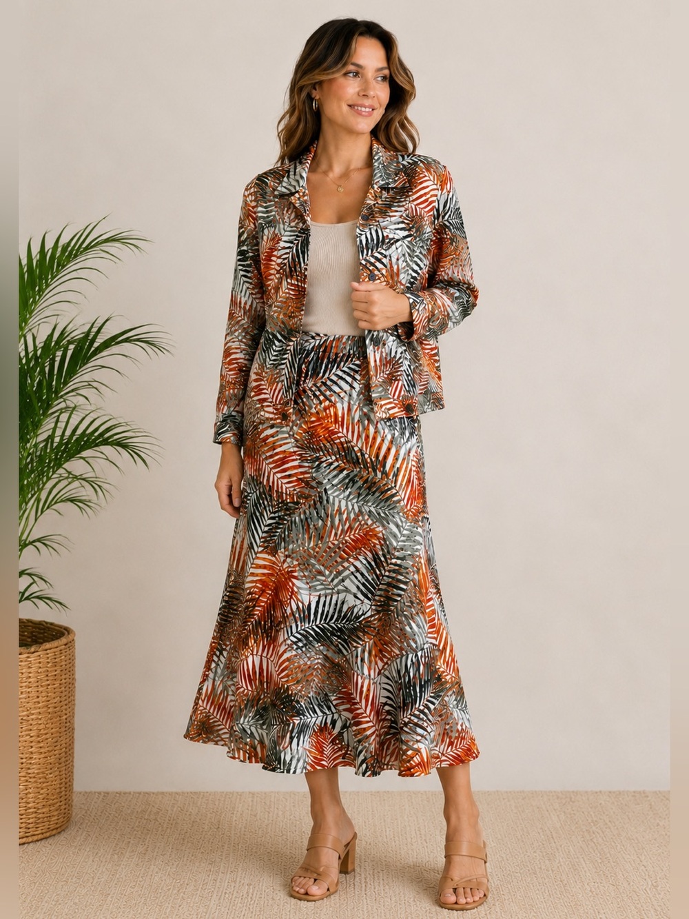 Chadwicks Tropical Palm Print 2 Piece Linen Blend Jacket Midi Skirt Set Sm 4